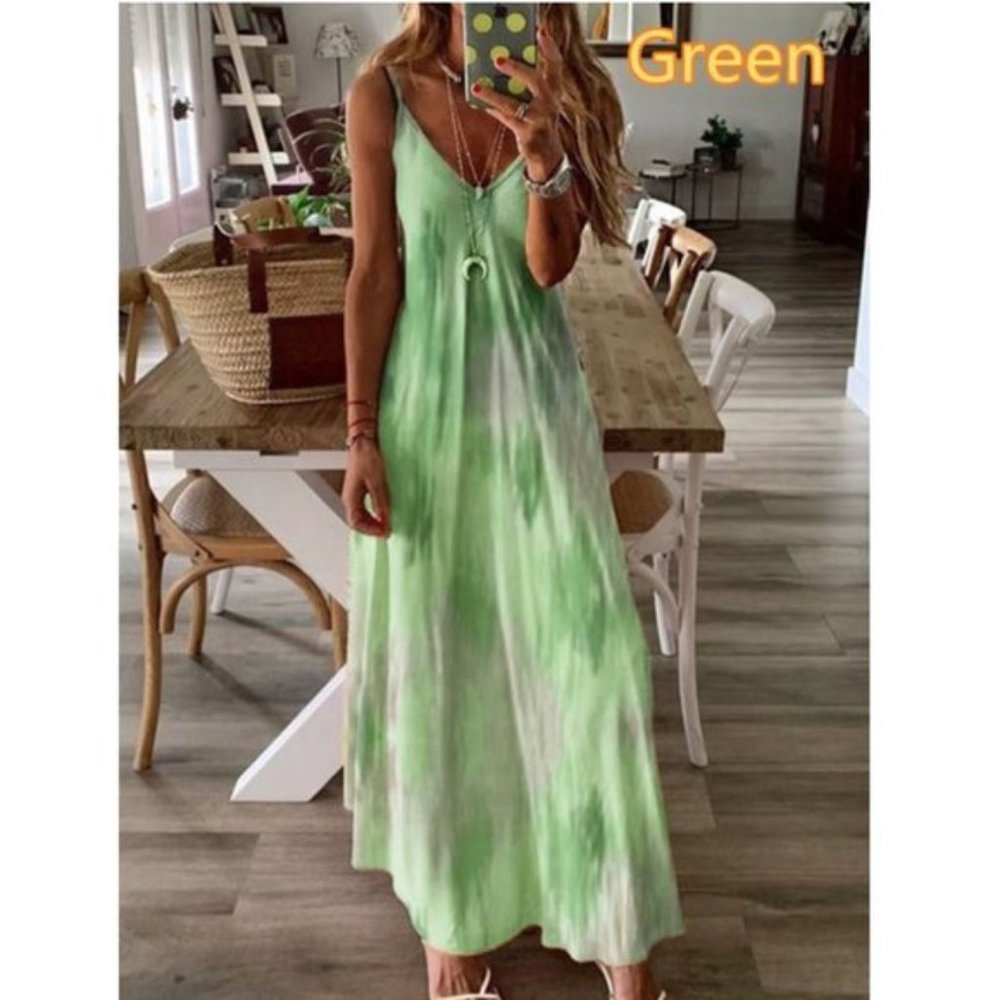 Tie-dye Sleeveless V-Neck Printed Maxi Dress